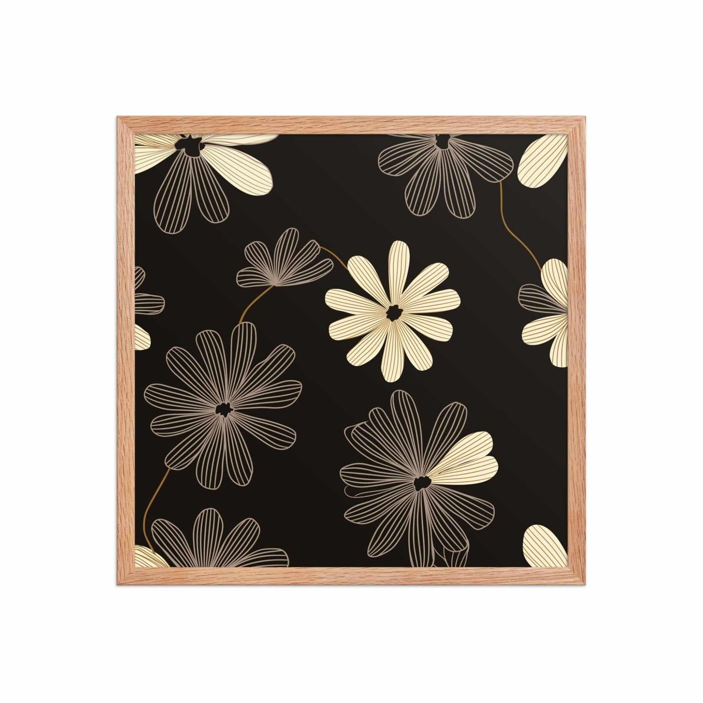 Modern Floral Wall Art framed poster, with a red oak frame, which features a high-contrast, black and white line art pattern that blends Art Deco flair with minimalist sophistication. Dimension 18x18 inches square. White background.