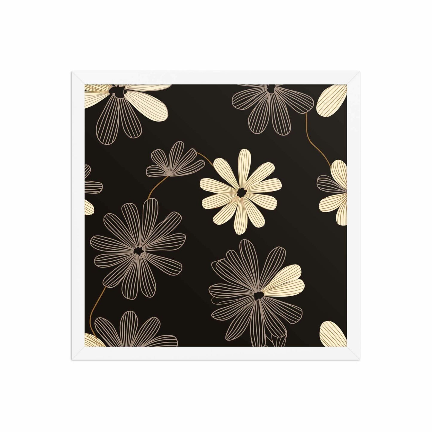 Modern Floral Wall Art framed poster, with a white frame, which features a high-contrast, black and white line art pattern that blends Art Deco flair with minimalist sophistication. Dimension 16x16 inches square. White background.