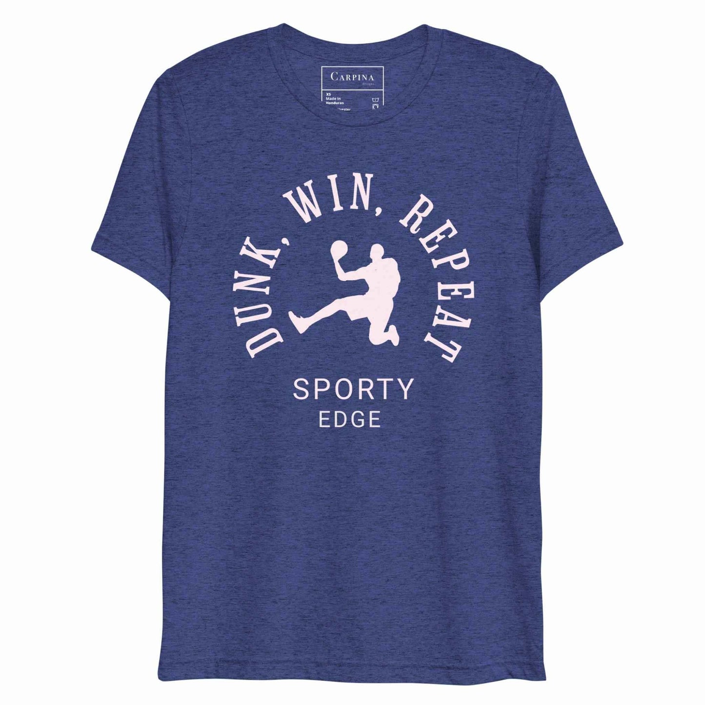 Flatlay of a basketball graphic tshirt in navy color.he unisex triblend tshirt features the words "Dunk, Win, Repeat and Sporty Edge" circling a graphic of an active basketball player. White background.