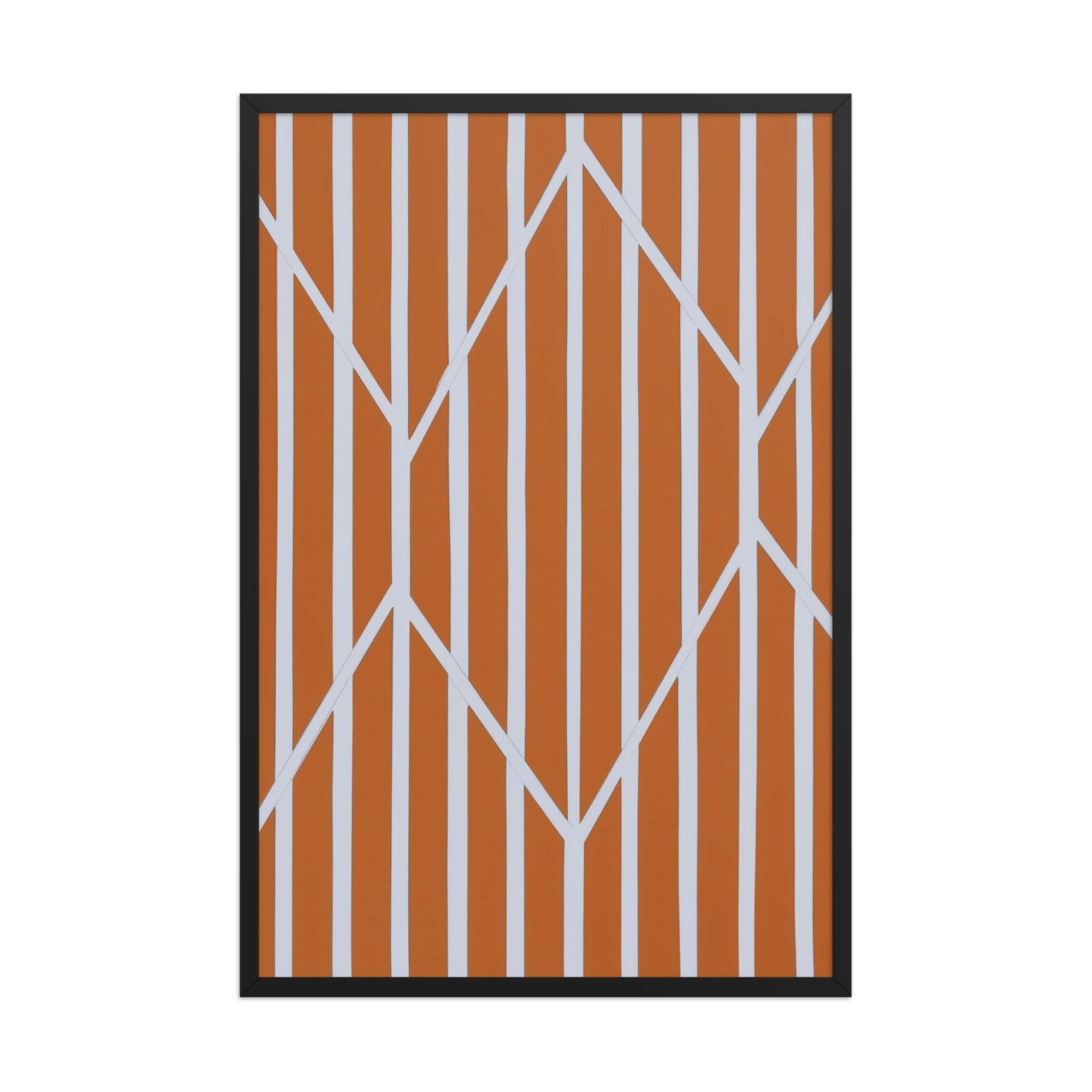 A vibrant piece of orange and white abstract art in framed poster, named OBLIQUE.31. The rich, autumnal stripes are dramatically framed and intersected by crisp, white geometric lines. Black frame. Dimension 24x36 inches portrait. 
