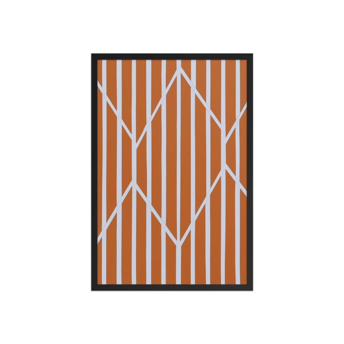 A vibrant piece of orange and white abstract art in framed poster, named OBLIQUE.31. The rich, autumnal stripes are dramatically framed and intersected by crisp, white geometric lines. Black frame. Dimension 20x30 inches portrait. 
