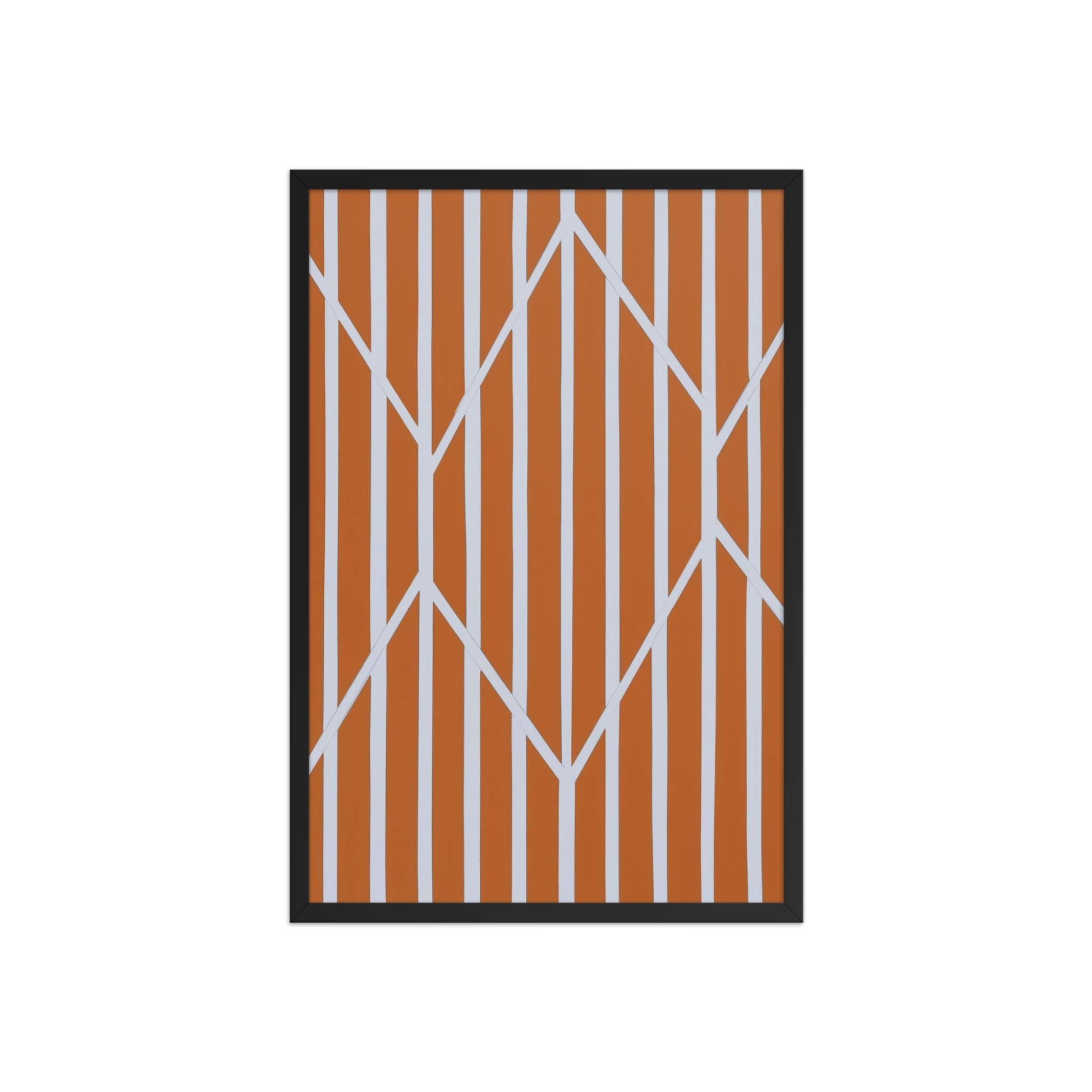 A vibrant piece of orange and white abstract art in framed poster, named OBLIQUE.31. The rich, autumnal stripes are dramatically framed and intersected by crisp, white geometric lines. Black frame. Dimension 20x30 inches portrait. 
