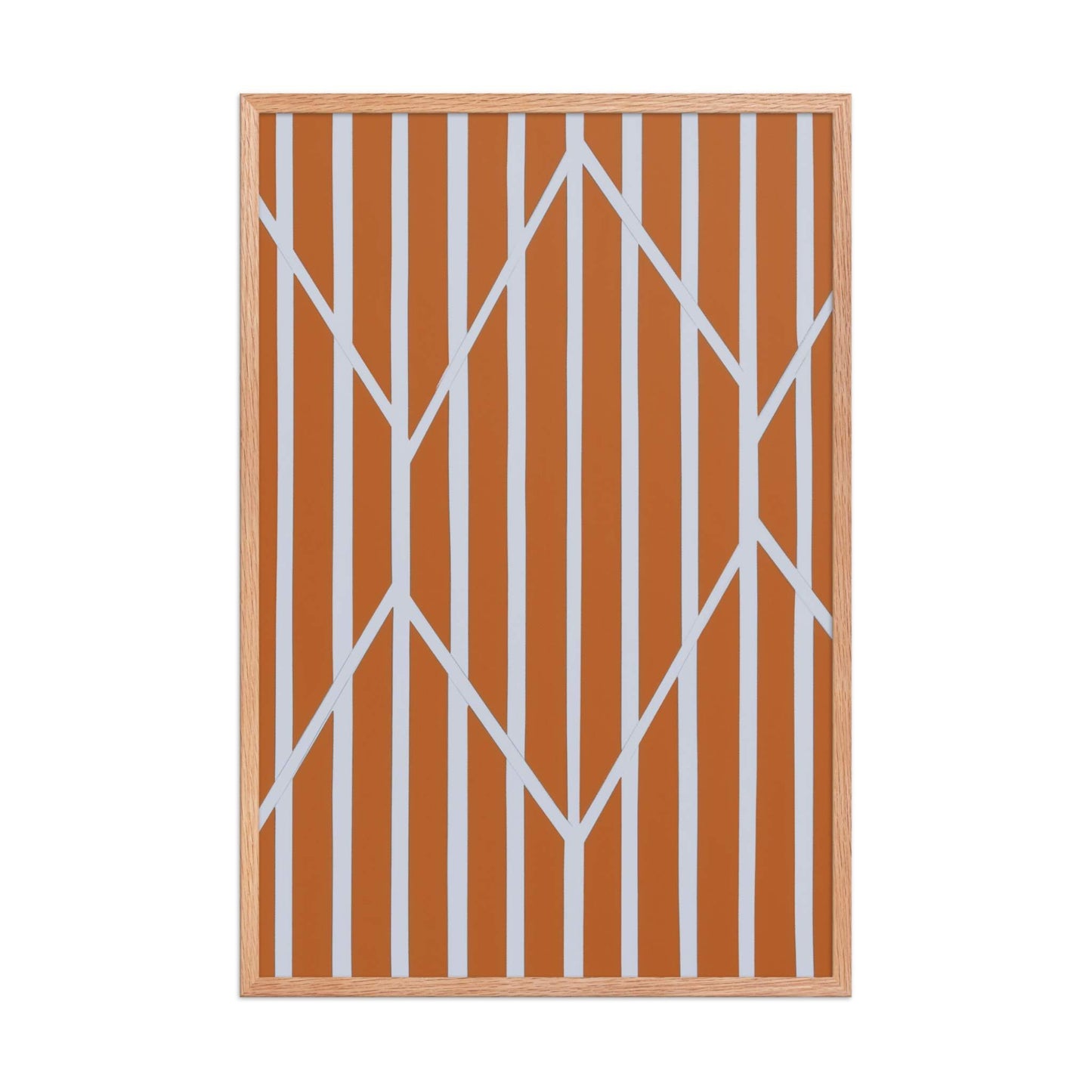 A vibrant piece of orange and white abstract art in framed poster, named OBLIQUE.31. The rich, autumnal stripes are dramatically framed and intersected by crisp, white geometric lines. Red oak frame. Dimension 24x36 inches portrait. 