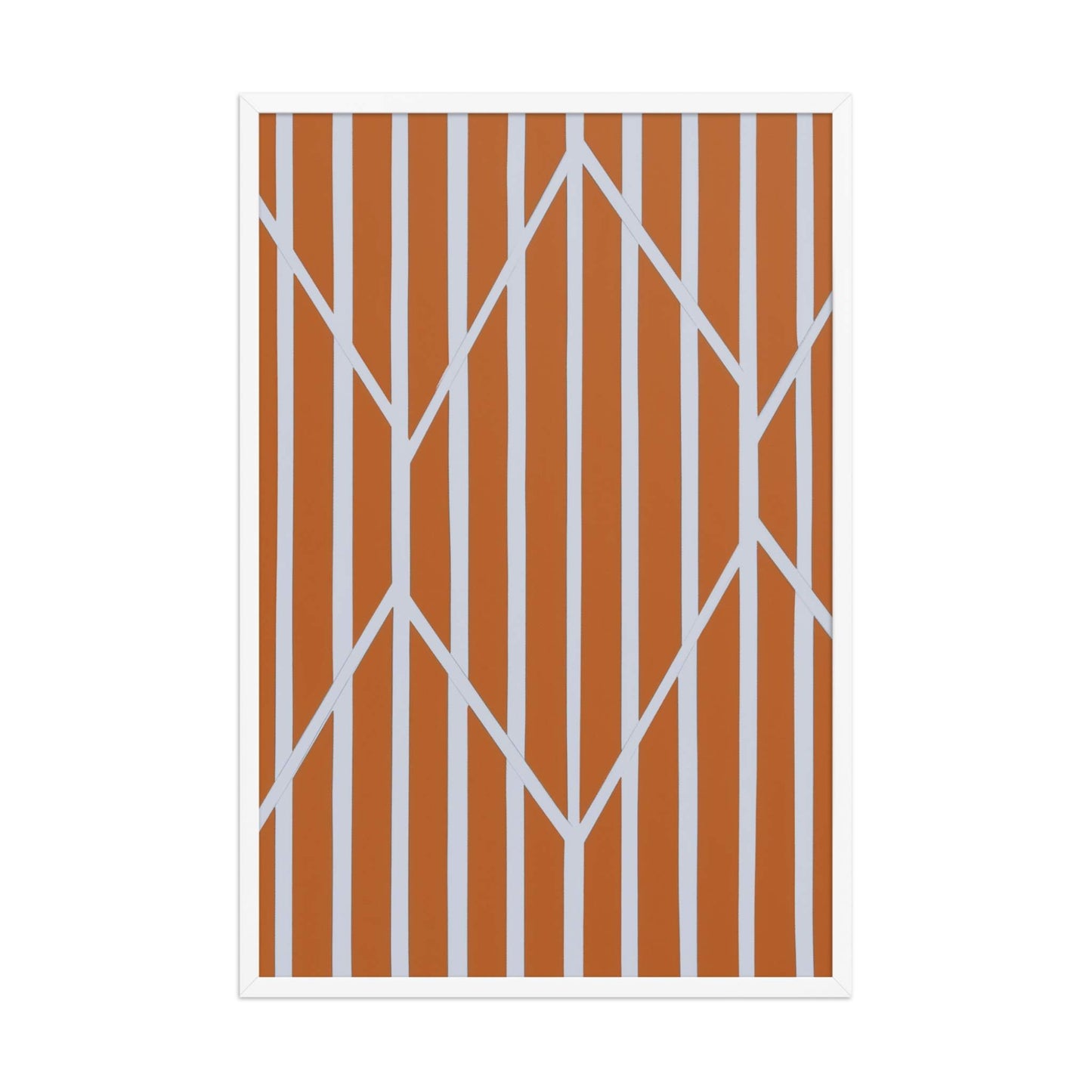A vibrant piece of orange and white abstract art in framed poster, named OBLIQUE.31. The rich, autumnal stripes are dramatically framed and intersected by crisp, white geometric lines. White frame. Dimension 24x36 inches portrait. 