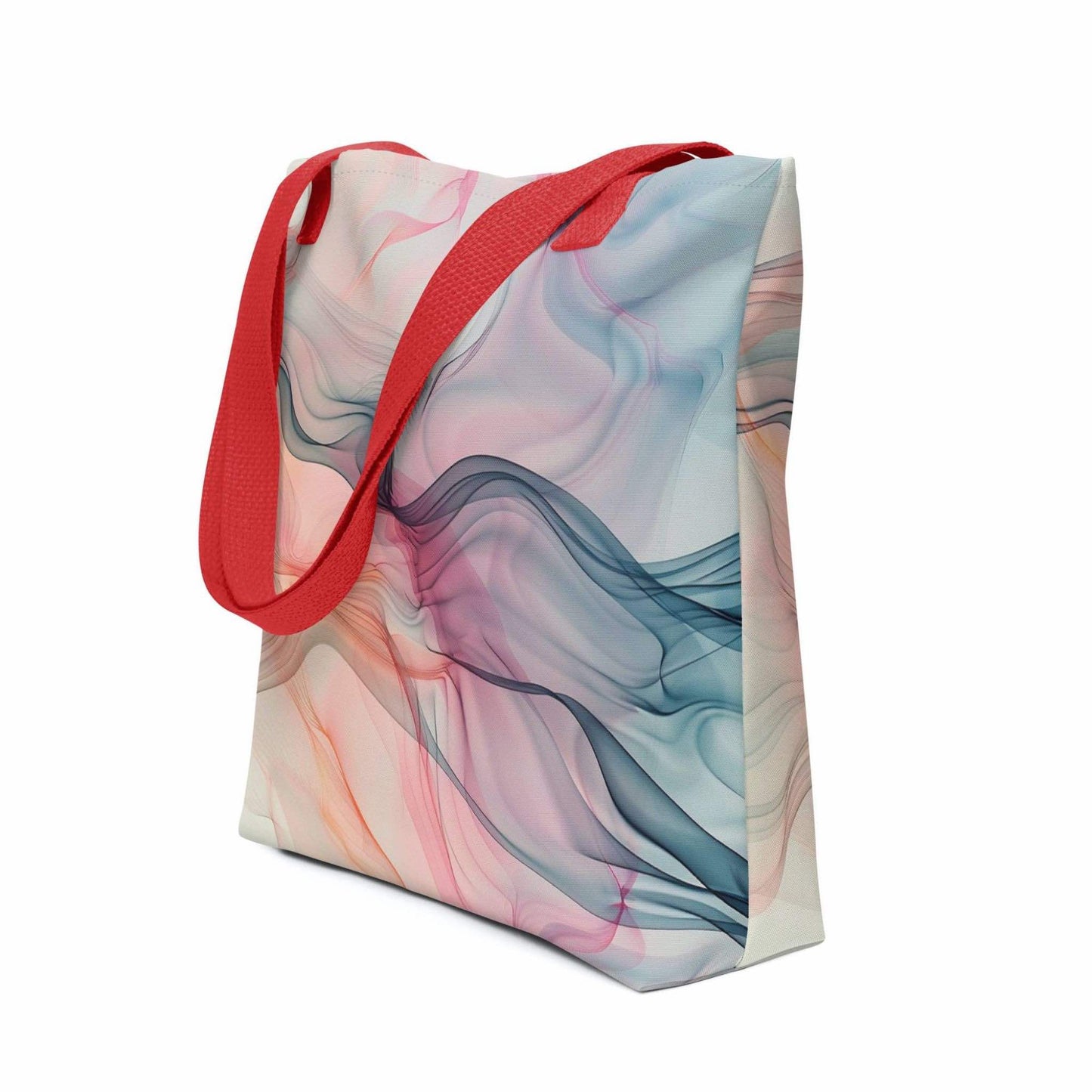 Side view of a 15x15 inch tote bag with red handles, which design is an abstract art of artistic wavy bluish and pastel lines. White background.