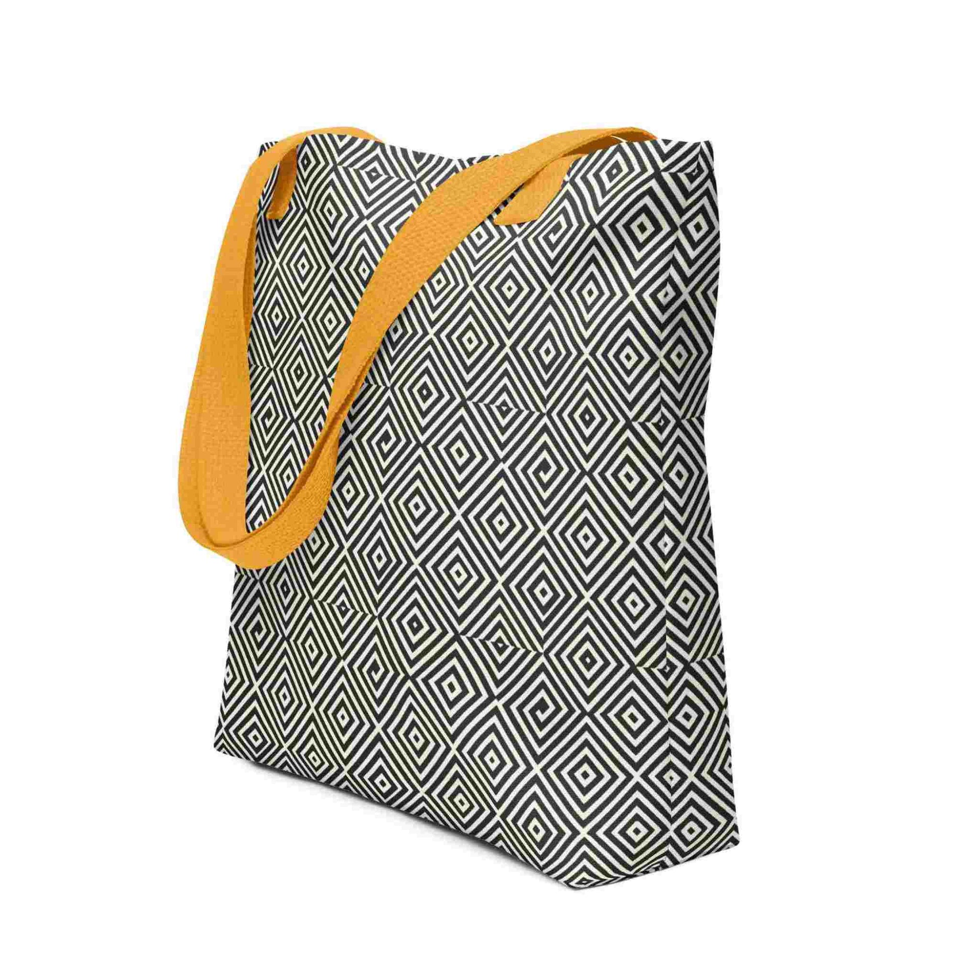 Side view of a 15x15 inch tote bag with yellow handles, which features a black and white diamond pattern. White background