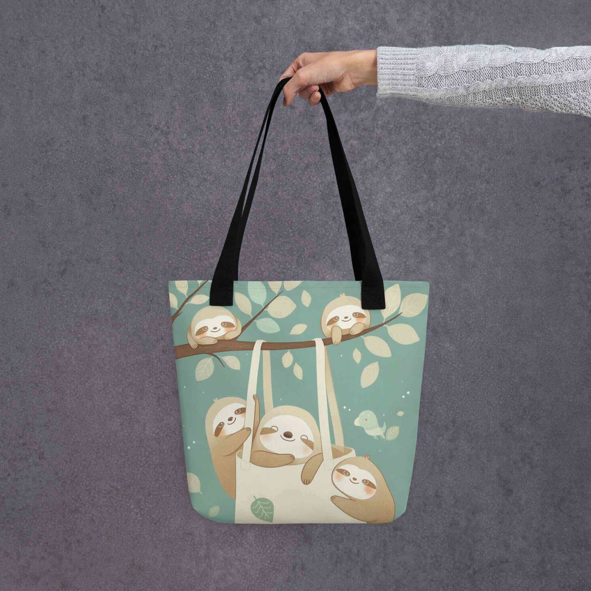 The cutest sloth tote bag you'll ever carry! This charming, sophisticated design captures the tranquility of the forest, with black shoulder handles, held in a hand. Grey background.