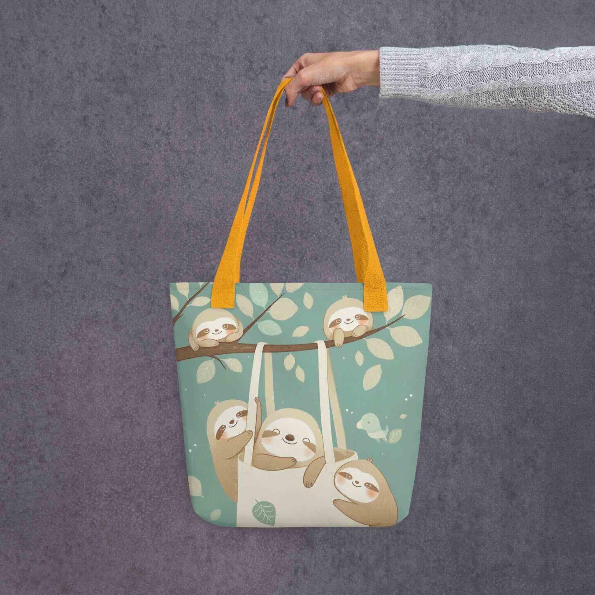 The cutest sloth tote bag you'll ever carry! This charming, sophisticated design captures the tranquility of the forest, with yellow shoulder handles, held in a hand. Grey background.