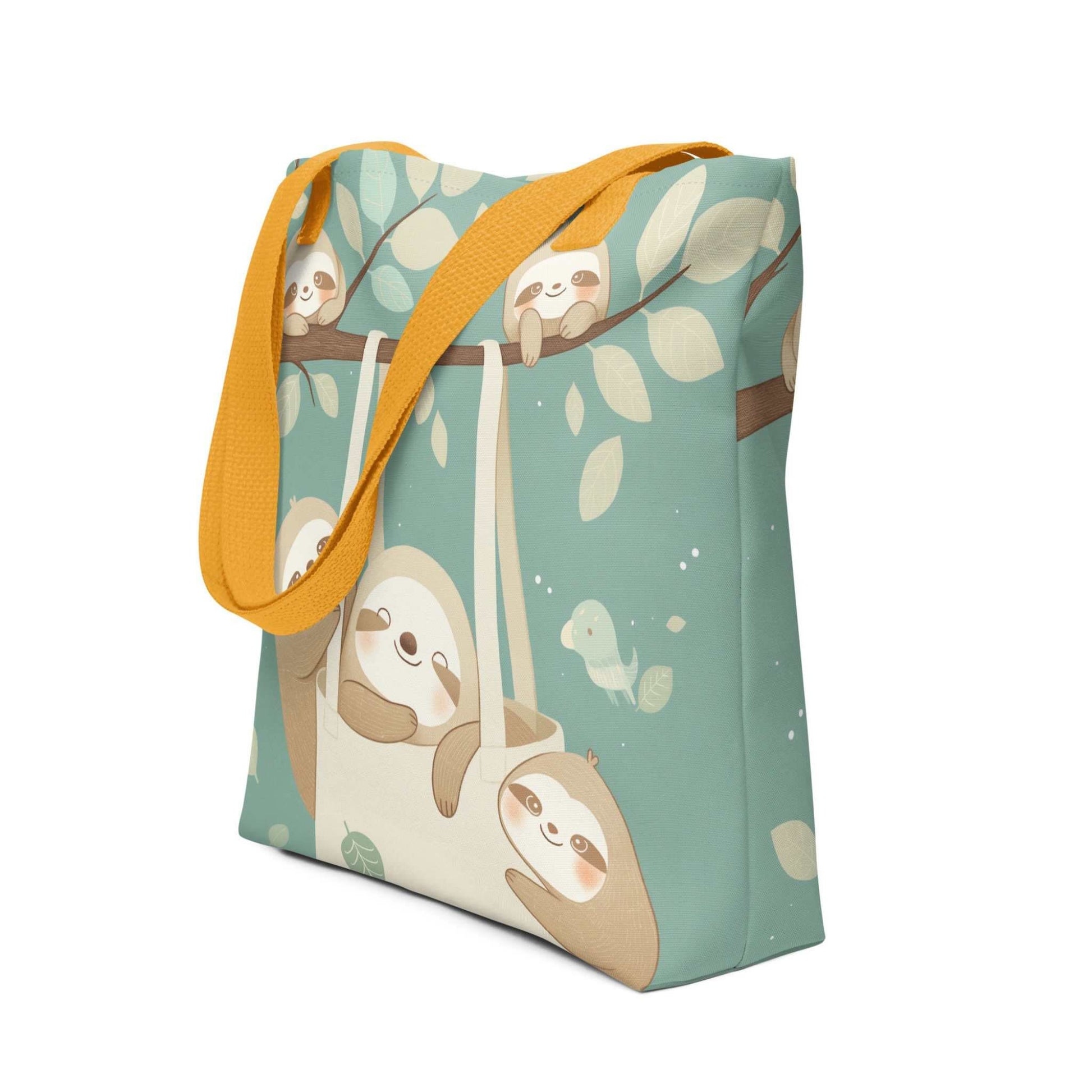 The cutest sloth tote bag you'll ever carry! This charming, sophisticated design captures the tranquility of the forest, with yellow shoulder handles. Side view. White background.