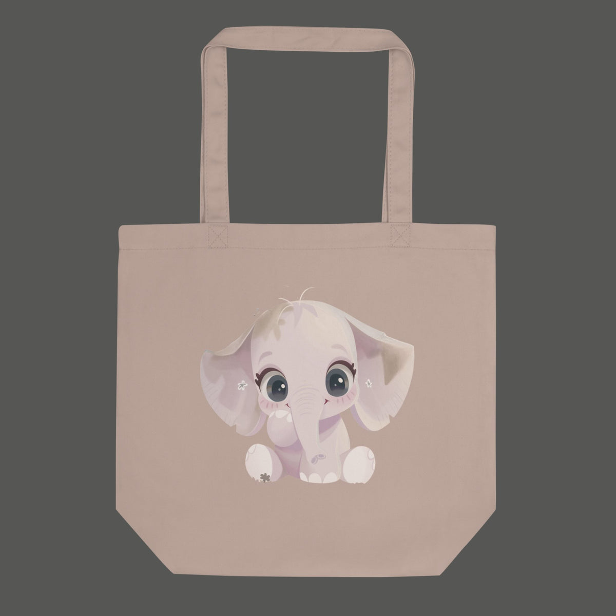 SWEETPEA organic cotton elephant tote bag, 16x14 inch, cute baby elephant print with big teal eyes, blush pink ears and tiny white flowers on natural oyster cotton, front view, identical print on both sides, by Carpina Designs