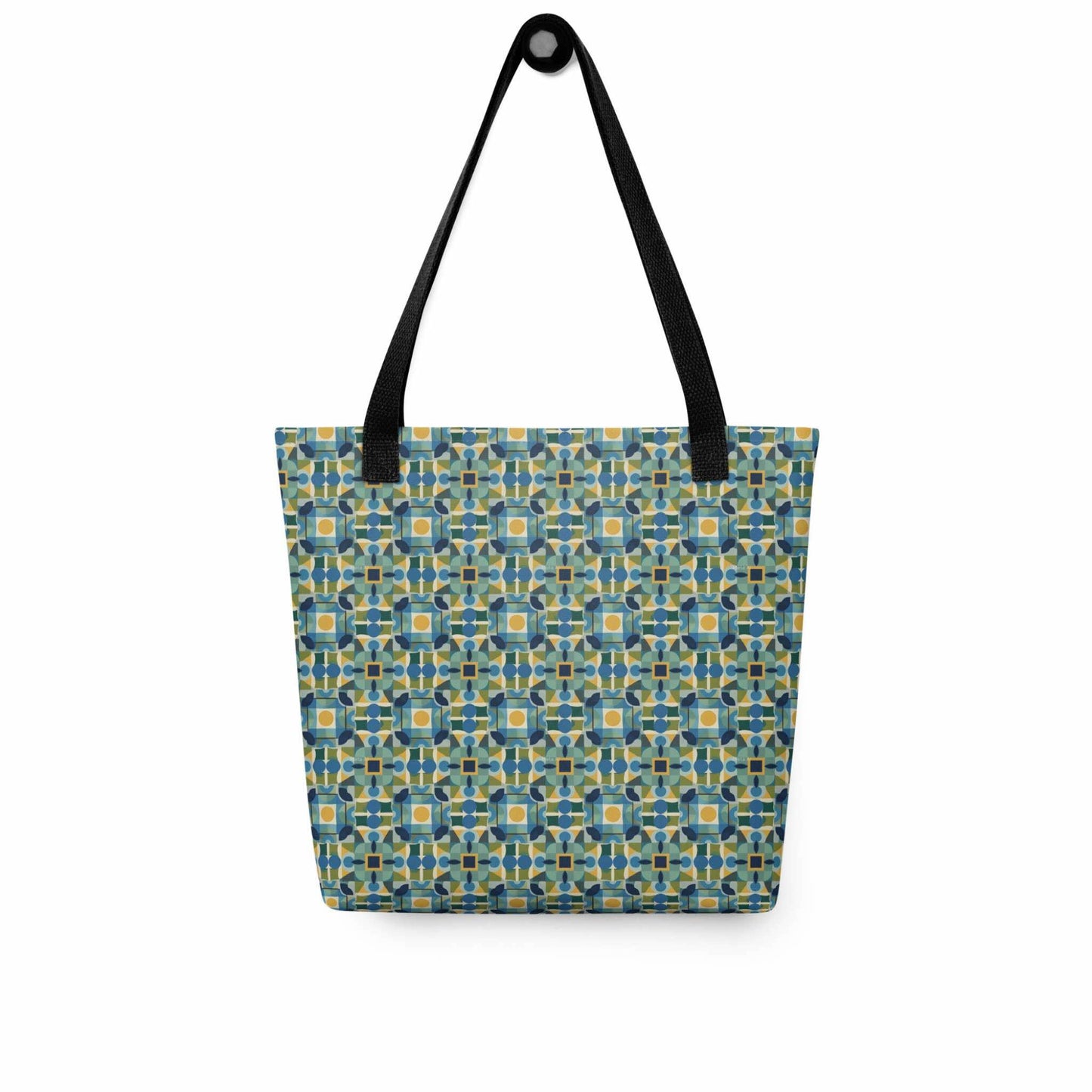 Elevate your style with the TILEWAVE Abstract Tote Bag, featuring a vibrant geometric tile pattern in modern retro hues. Perfect for daily essentials, this 15" x 15" polyester tote bag combines playful structure with sophisticated charm. Black handle. White background.