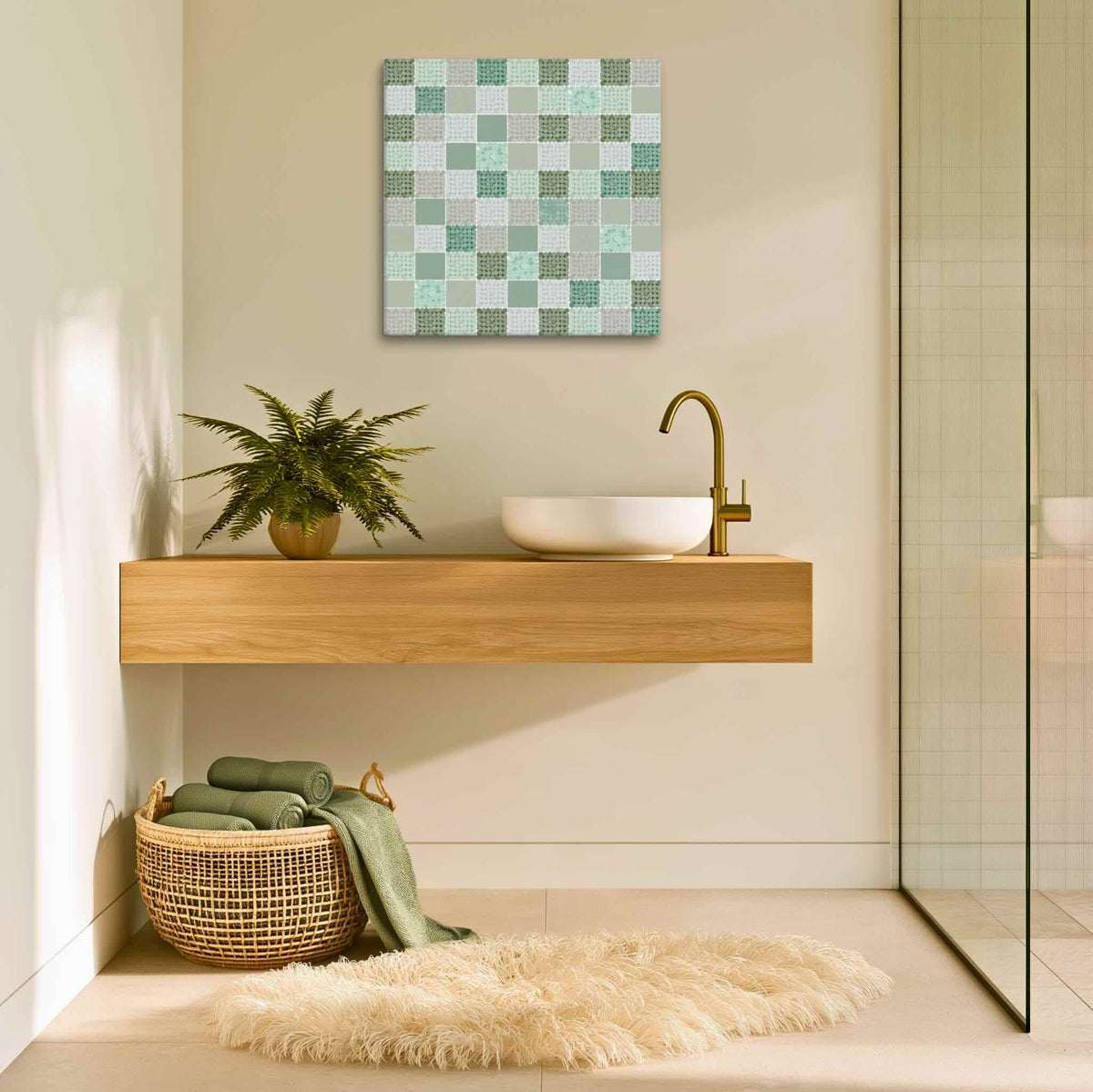 CELADON sage green abstract wall art canvas with checkerboard of dotted green tiles, displayed above a floating oak bathroom vanity with white vessel basin, brushed brass tap, potted fern and woven rattan basket of rolled sage towels, bright modern spa bathroom with cream walls, by Carpina Designs