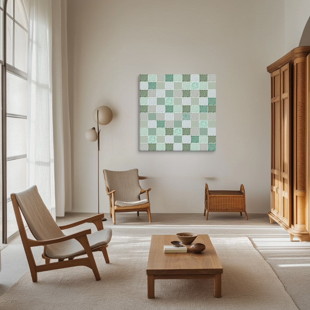 CELADON sage green abstract wall art canvas with soothing green patchwork of dotted tiles, hung in a warm Japandi living room with wooden lounge chairs, oak coffee table, rattan bench, ceramic floor lamp and sheer linen curtains in soft natural light, by Carpina Designs