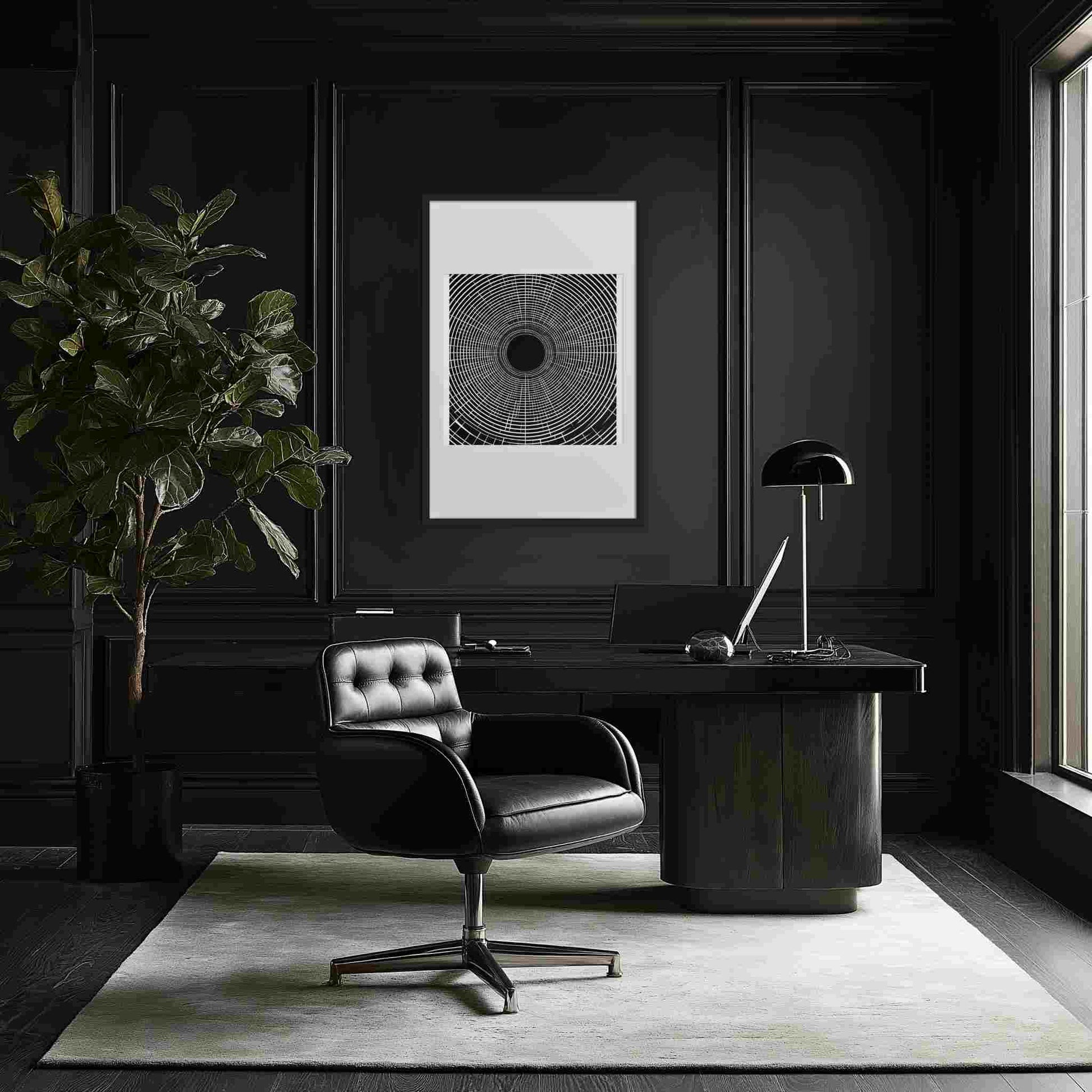 Black and white op art framed print in classic modern office, CENTRIC, 24x36 inches, by Carpina Designs