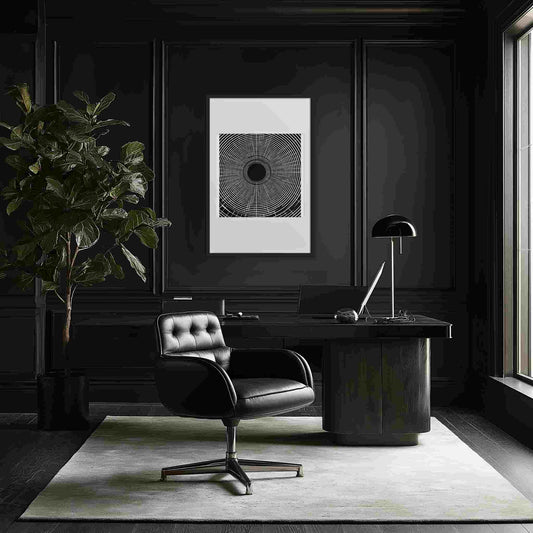 Black and white op art framed print in classic modern office, CENTRIC, 24x36 inches, by Carpina Designs