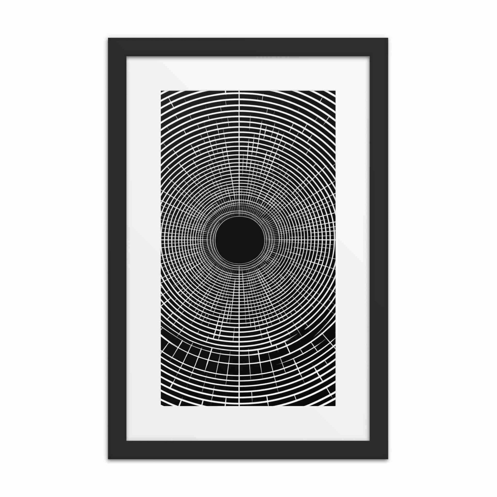 Black and white op art framed print, CENTRIC, 12x18 inches, by Carpina Designs