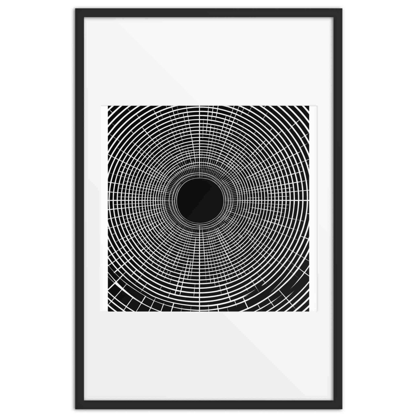 Black and white op art framed print, CENTRIC, 24x36 inches, by Carpina Designs