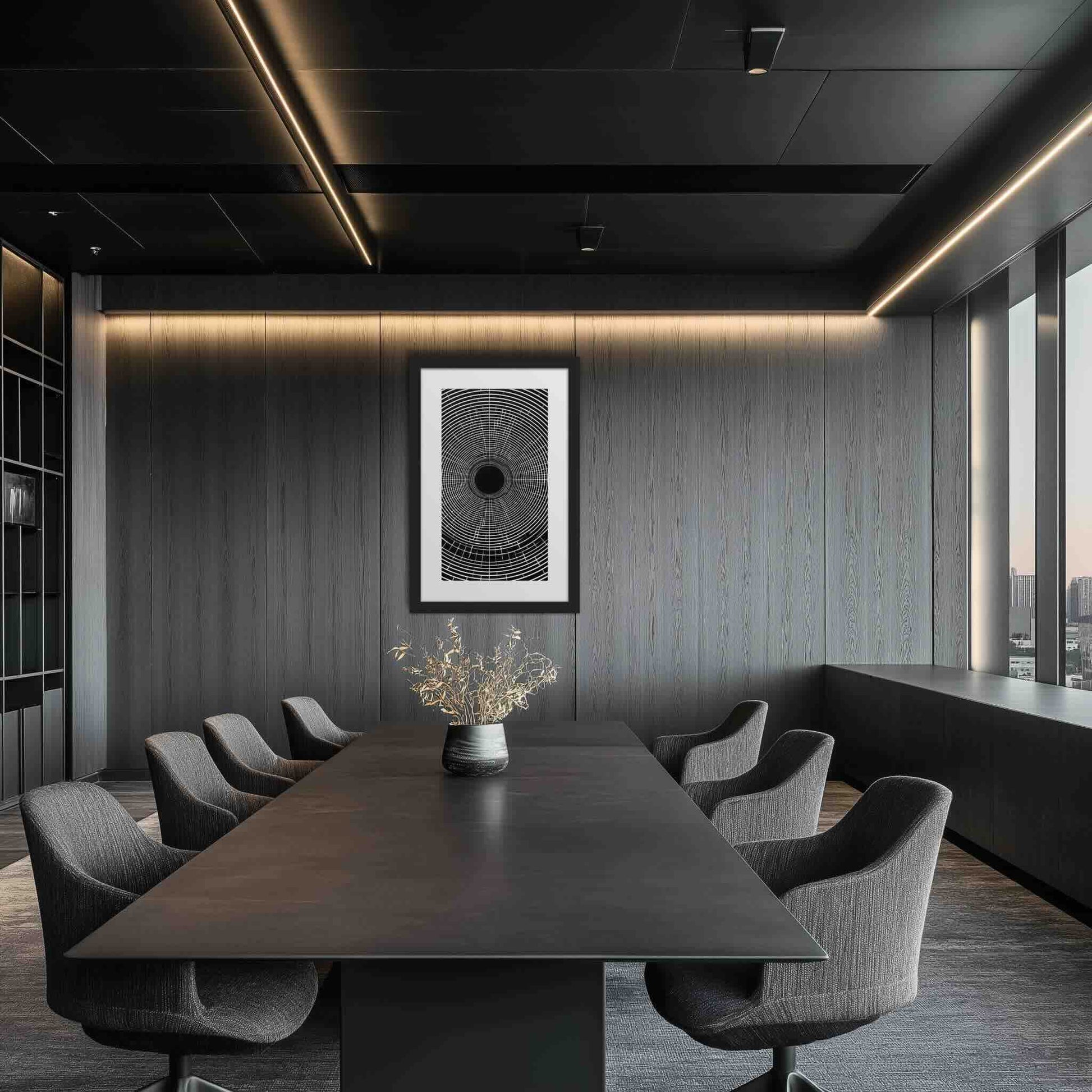 black and white op art framed print in modern conference room, CENTRIC, 12x18 inches, by Carpina Designs
