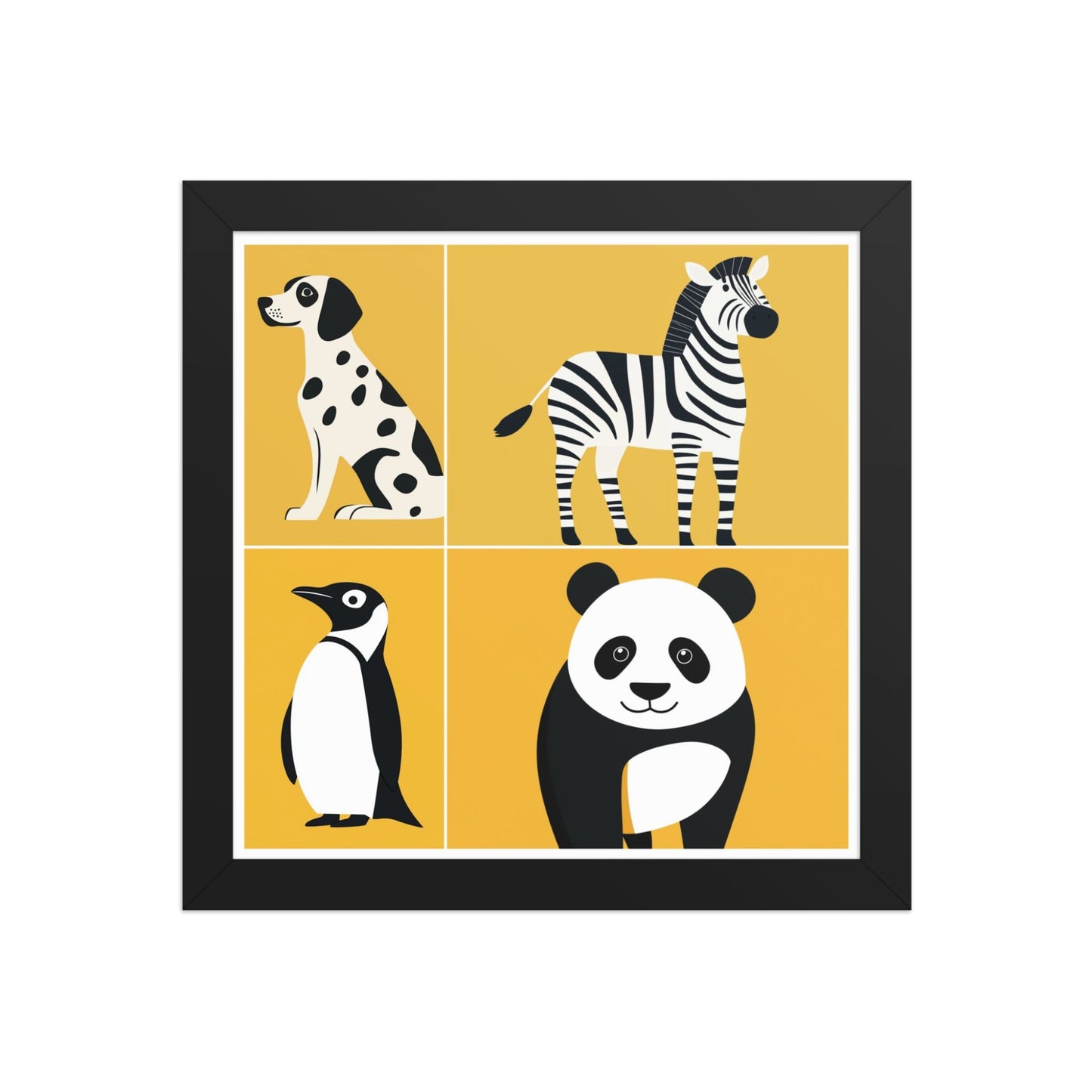 Framed nursery animal prints with bold black and white playful animal silhouettes in black frame, displayed as a 10 by 10 inch framed poster, CHALKIE by Carpina Designs