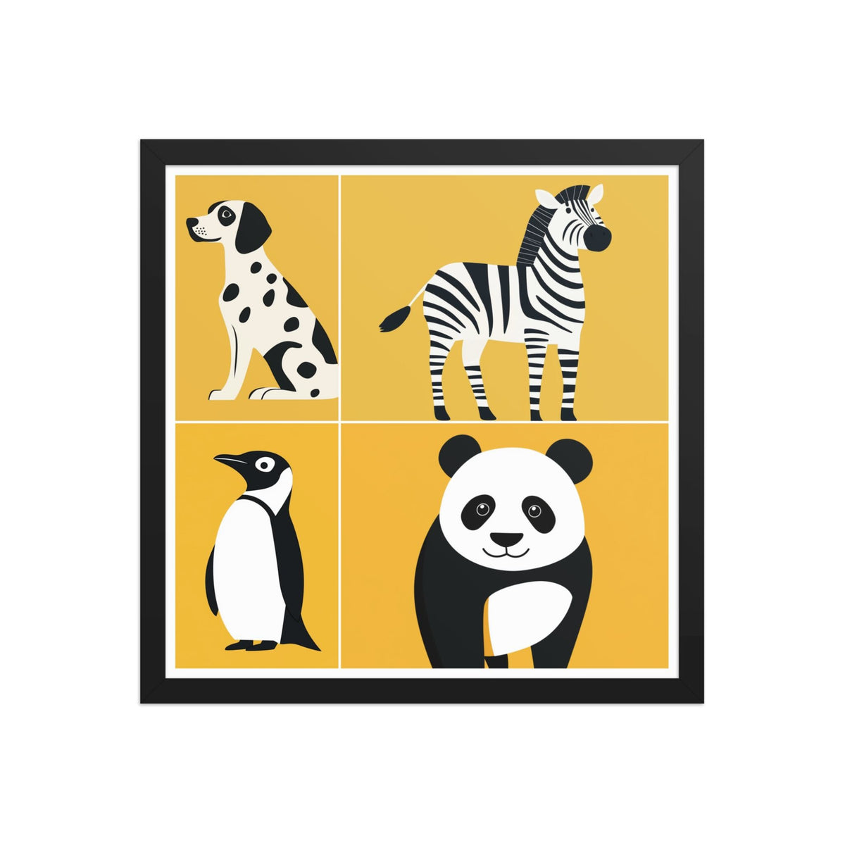 Framed nursery animal prints with bold black and white playful animal silhouettes in black frame, displayed as a 16 by 16 inch framed poster, CHALKIE by Carpina Designs