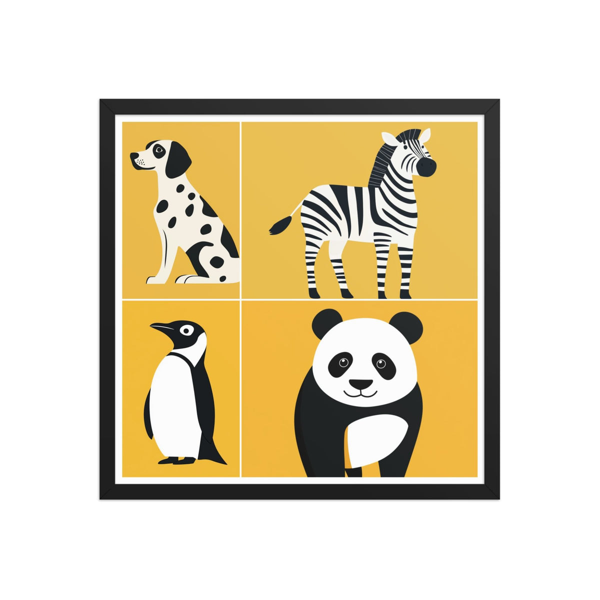 Framed nursery animal prints with bold black and white playful animal silhouettes in black frame, displayed as a 18 by 18 inch framed poster, CHALKIE by Carpina Designs