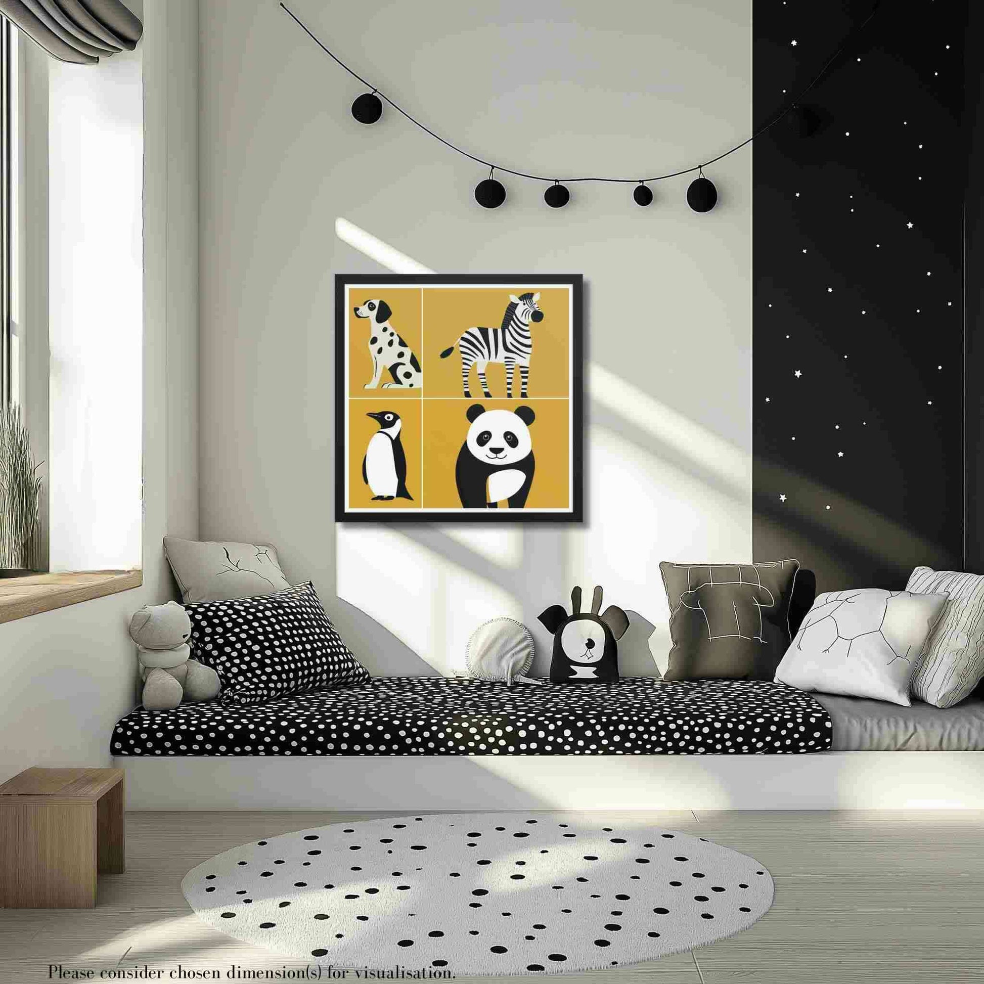 Framed nursery animal prints with bold black and white playful animal silhouettes in black frame in a black and white nursery room. CHALKIE by Carpina Designs