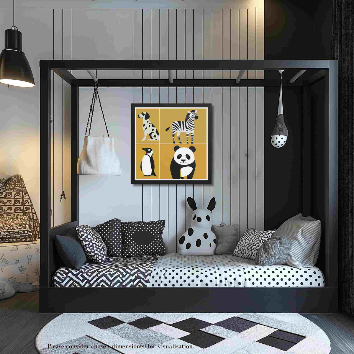 Framed nursery animal prints with bold black and white playful animal silhouettes in black frame in a cute children bedroom. CHALKIE by Carpina Designs