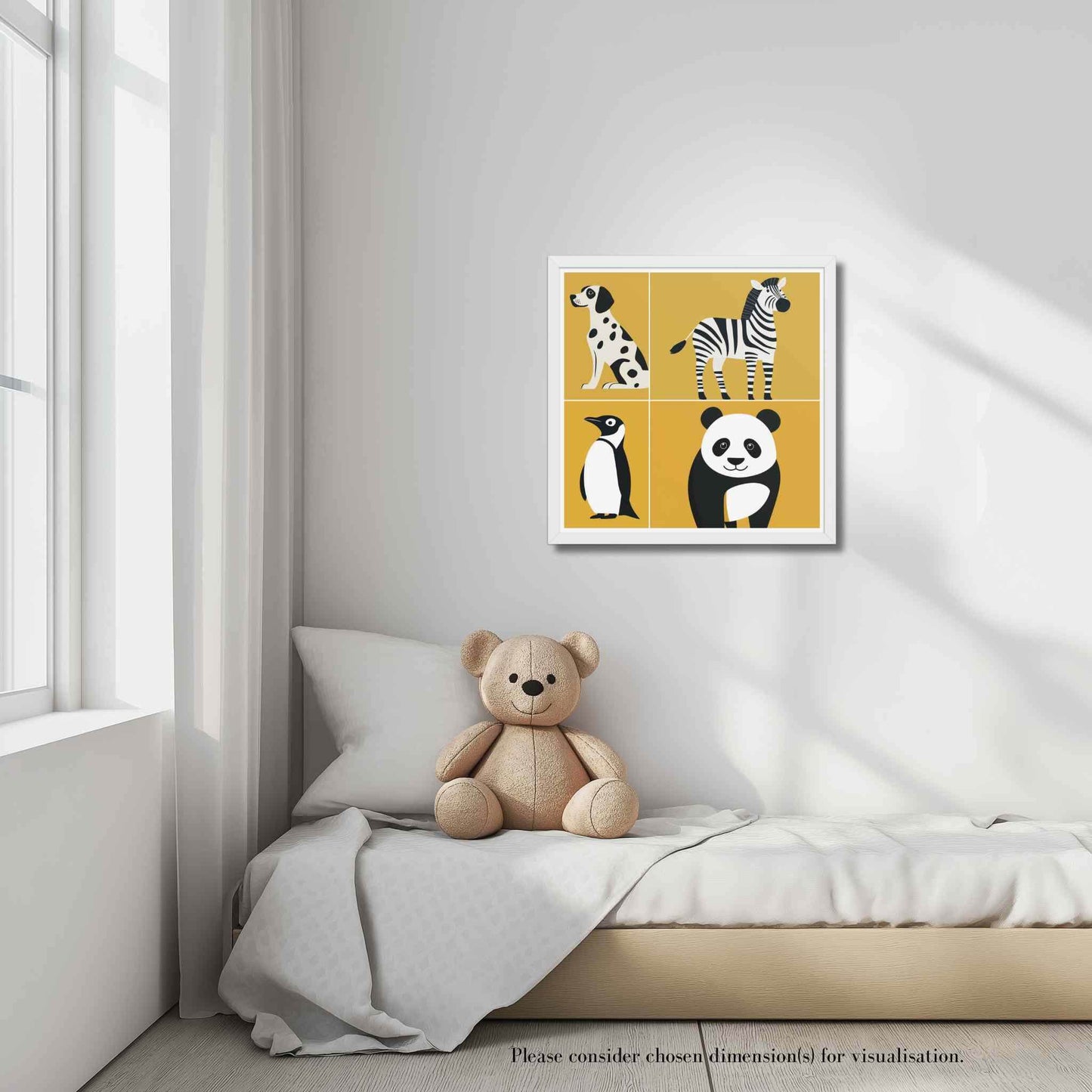 Framed nursery animal prints with bold black and white playful animal silhouettes in white frame in a cute white and egg yellow children bedroom. CHALKIE by Carpina Designs
