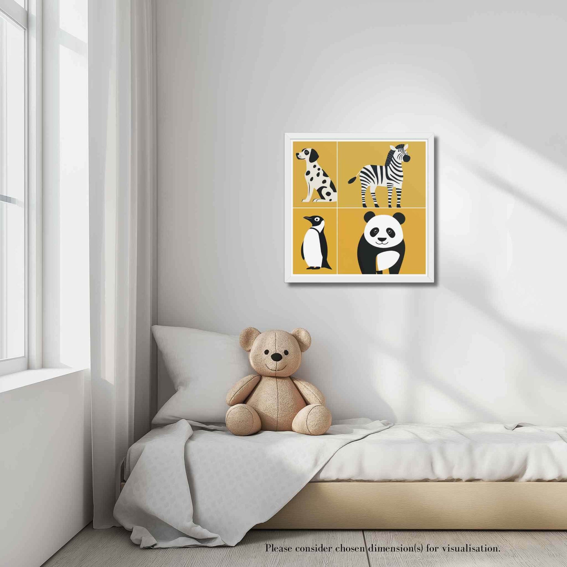 Framed nursery animal prints with bold black and white playful animal silhouettes in white frame in a cute white and egg yellow children bedroom. CHALKIE by Carpina Designs