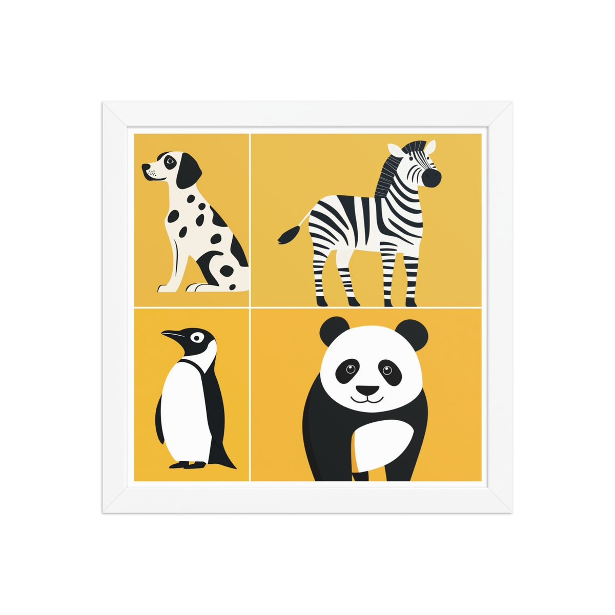 Framed nursery animal prints with bold black and white playful animal silhouettes in white frame, displayed as a 12 by 12 inch framed poster, CHALKIE by Carpina Designs