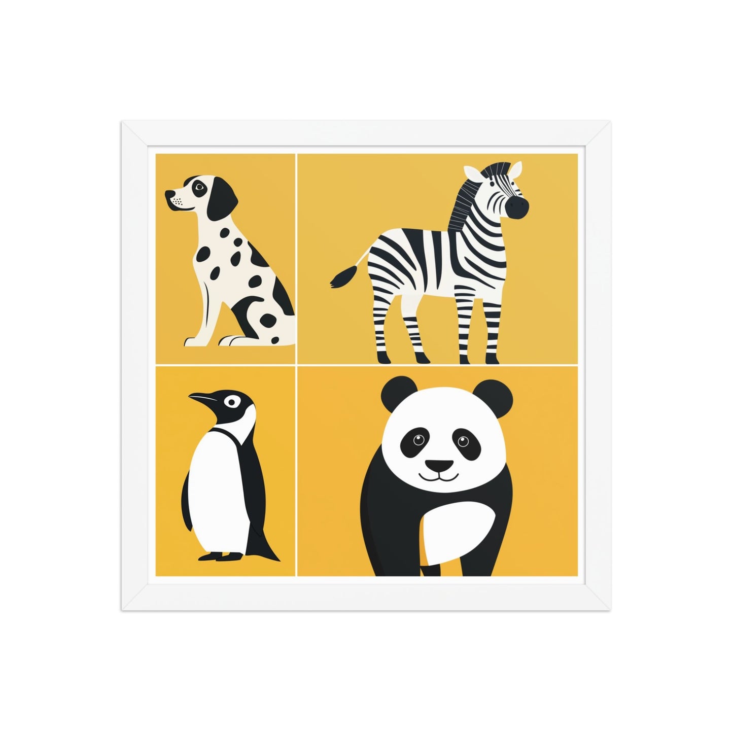 ramed nursery animal prints with bold black and white playful animal silhouettes in white frame, displayed as a 14 by 14 inch framed poster, CHALKIE by Carpina Designs