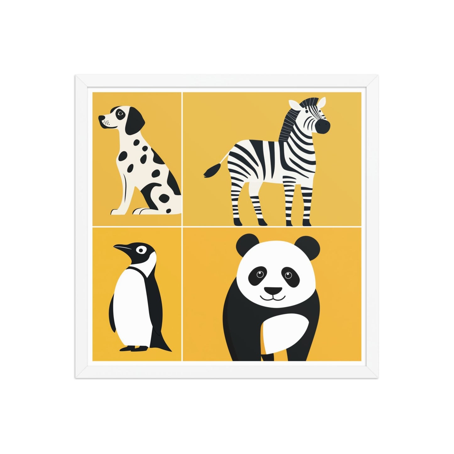 Framed nursery animal prints with bold black and white playful animal silhouettes in white frame, displayed as a 18 by 18 inch framed poster, CHALKIE by Carpina Designs