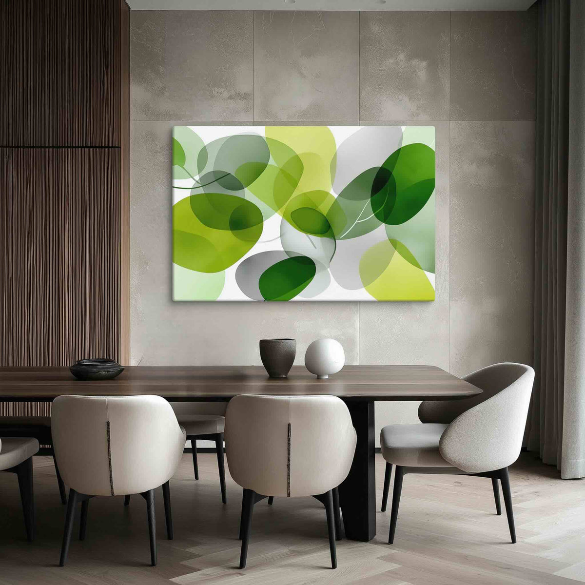 Modern botanical artwork with layered translucent green and chartreuse organic shapes, FOLIAGE by Carpina Designs, hanging over a long modern wood dining table in a dark tone modern dining area.