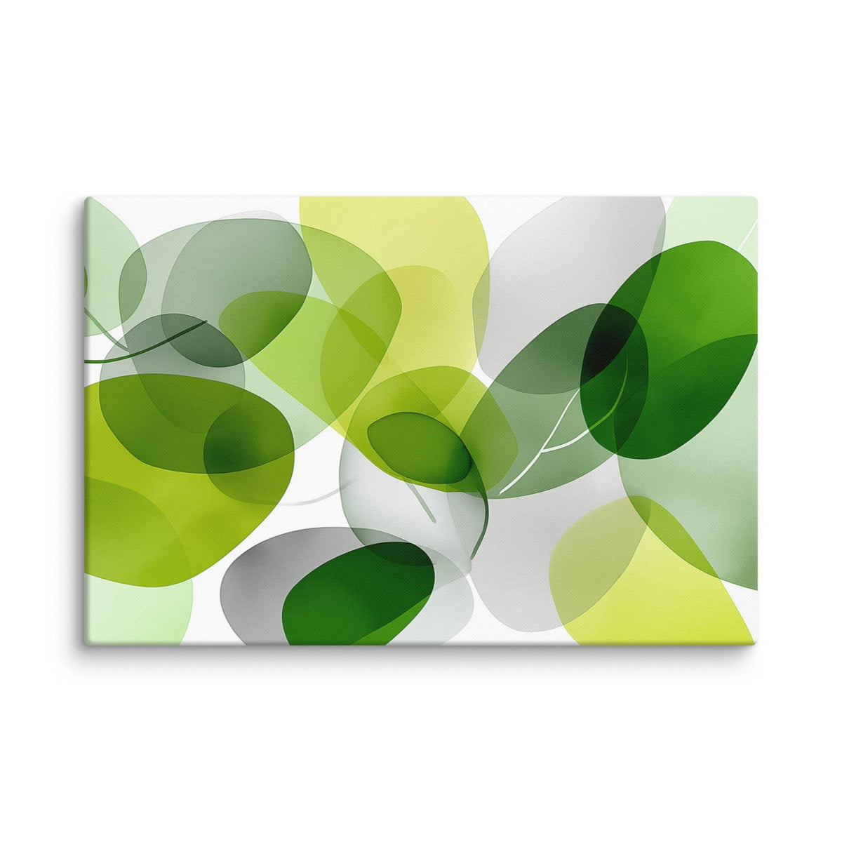 Modern botanical artwork with layered translucent green and chartreuse organic shapes, displayed as a 20 by 30 inch canvas print, FOLIAGE by Carpina Designs