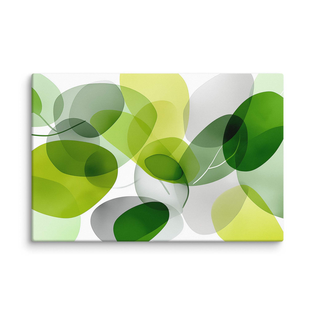 Modern botanical artwork with layered translucent green and chartreuse organic shapes, displayed as a 32 by 48 inch canvas print, FOLIAGE by Carpina Designs