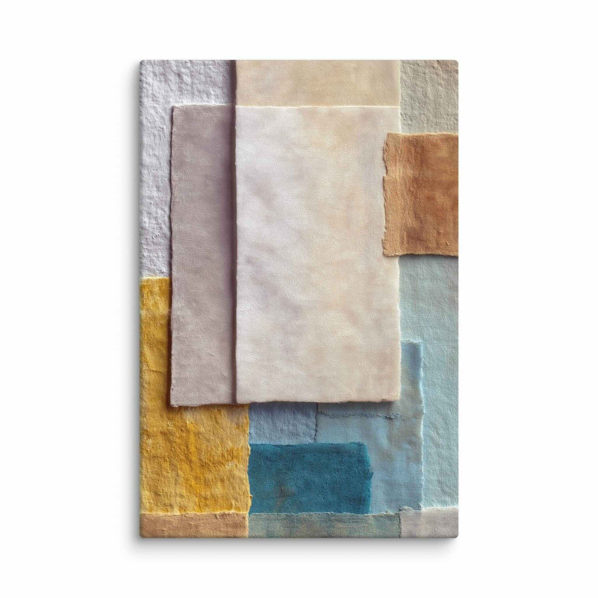 Abstract paper collage art in sage, ochre, and stone tones with layered parchment textures and rough edges, displayed as a 24 by 36 inch canvas print, GRACE by Carpina Designs