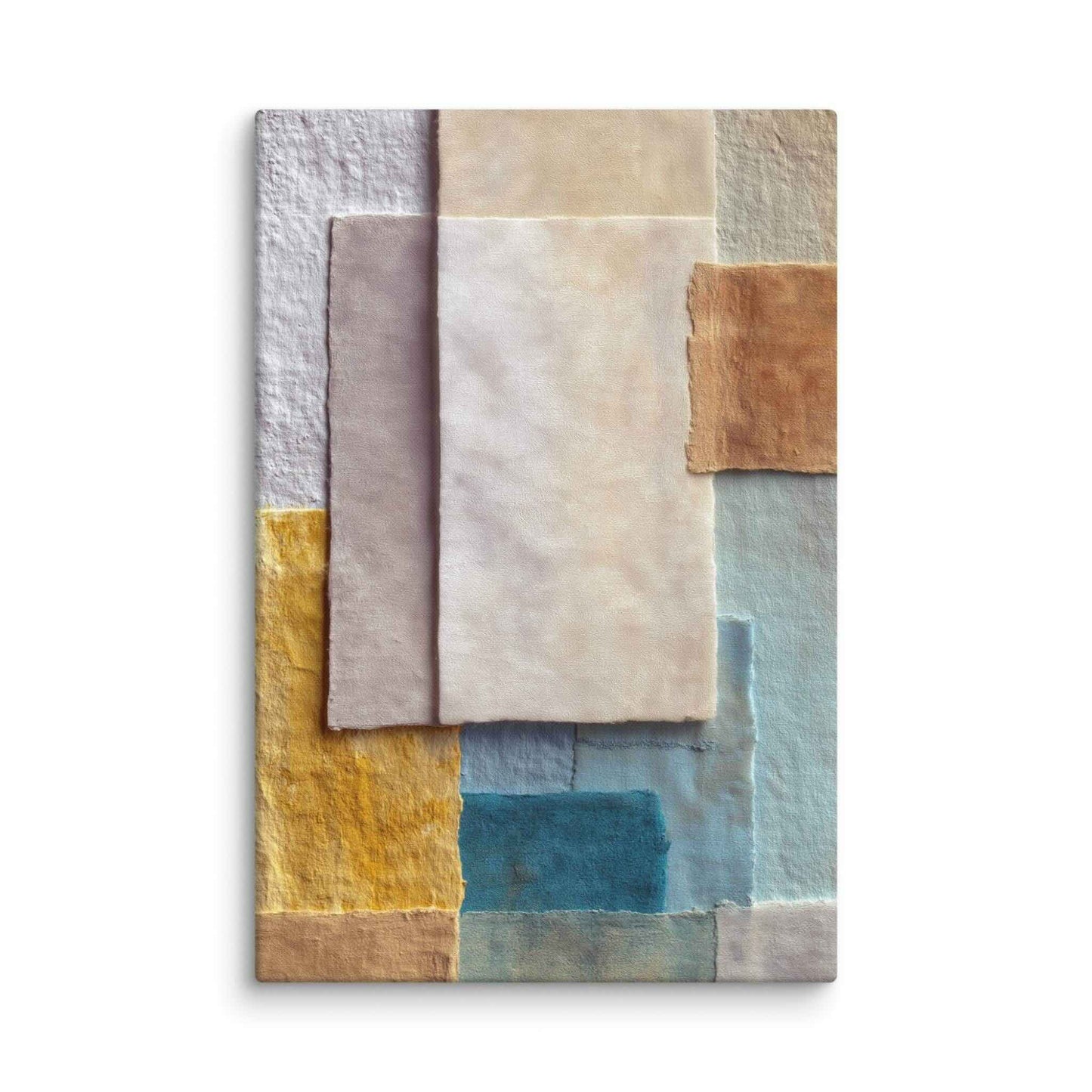 Abstract paper collage art in sage, ochre, and stone tones with layered parchment textures and rough edges, displayed as a 32 by 48 inch canvas print, GRACE by Carpina Designs