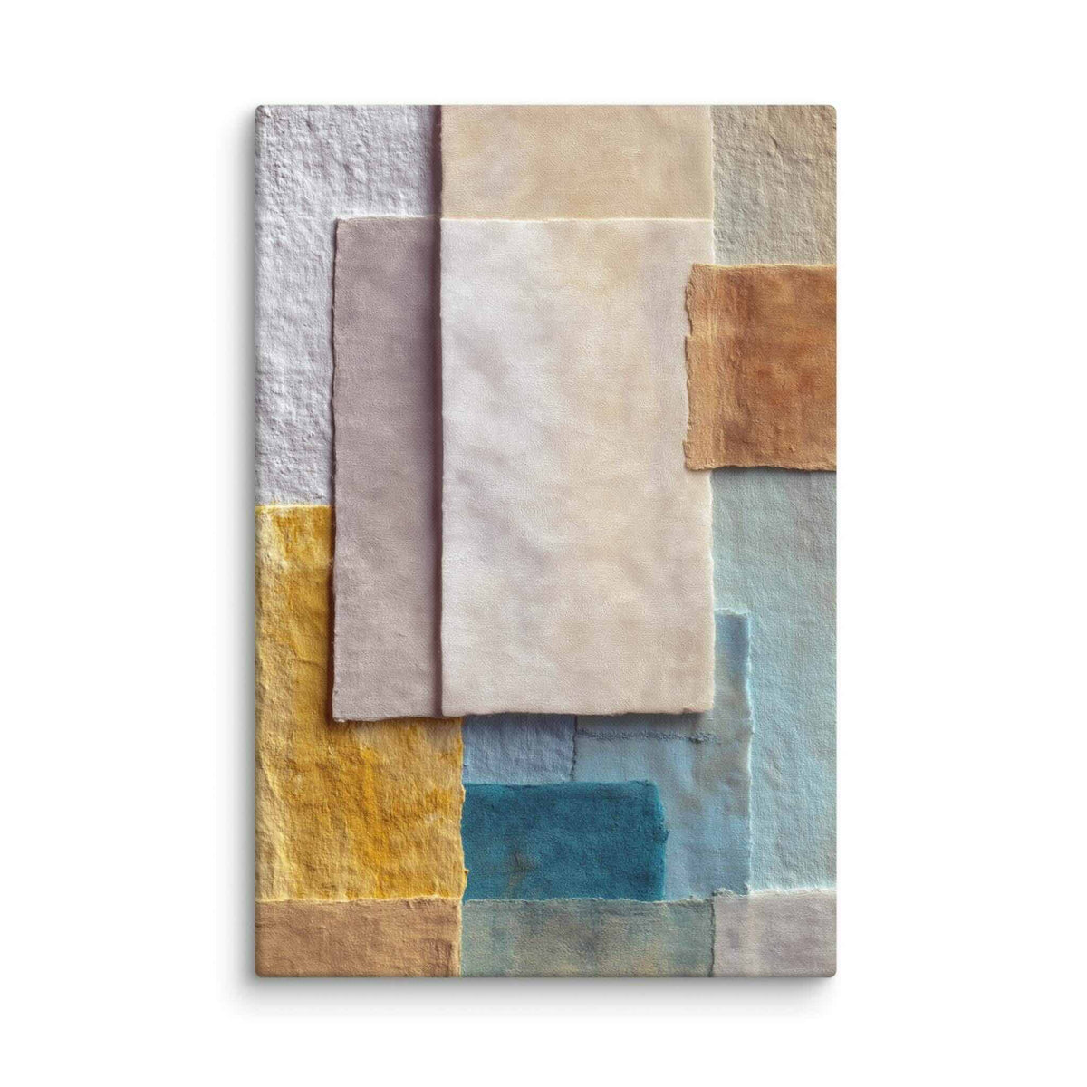 Abstract paper collage art in sage, ochre, and stone tones with layered parchment textures and rough edges, displayed as a 40 by 60 inch canvas print, GRACE by Carpina Designs