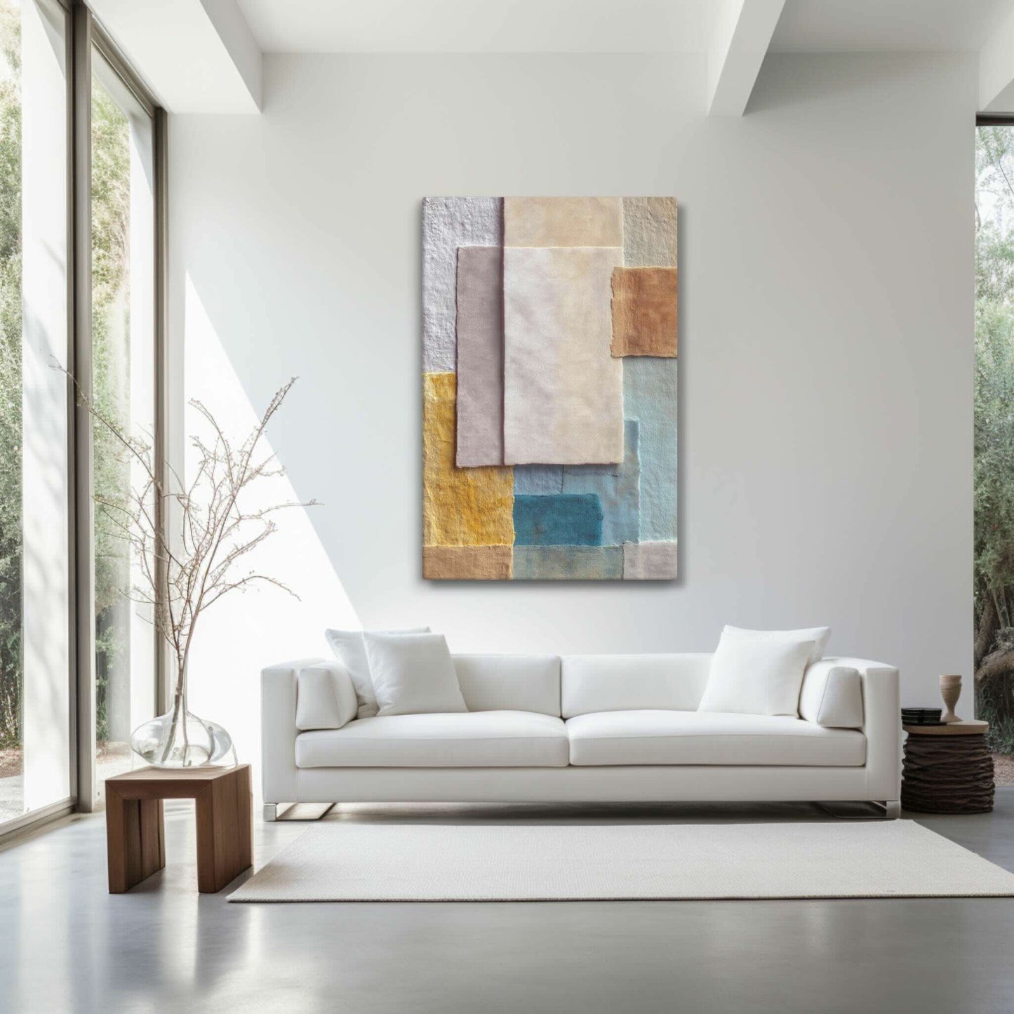 Abstract paper collage art in sage, ochre, and stone tones with layered parchment textures, styled in a bright living room, GRACE by Carpina Designs