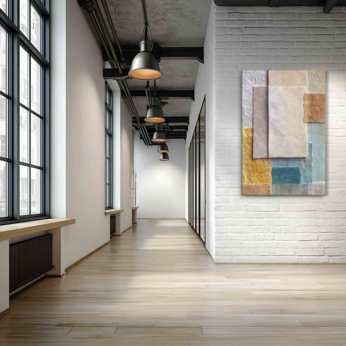 Abstract paper collage art in sage, ochre, and stone tones with layered parchment textures, styled in a loft hallway with exposed brick, GRACE by Carpina Designs