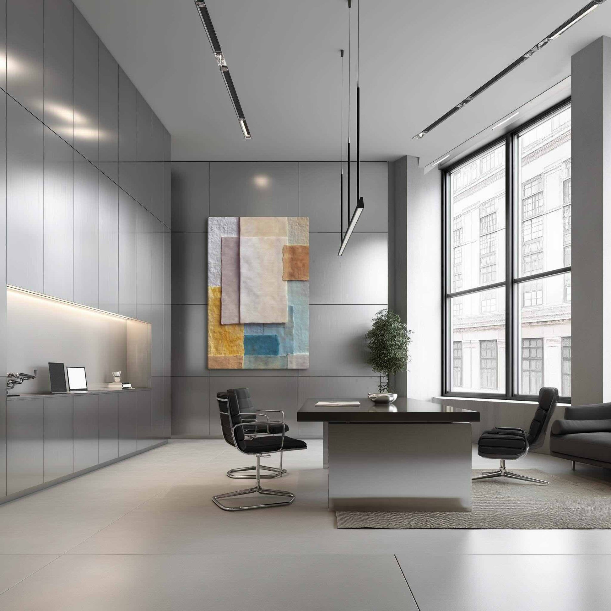 Abstract paper collage art in sage, ochre, and stone tones with layered parchment textures, styled in a modern office interior, GRACE by Carpina Designs