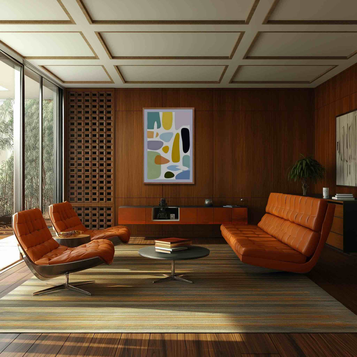 Mid century modern wall art with soft organic shapes in mint green, lavender, butter yellow, peach and terracotta on cream backdrop, styled in a luxe mid-century lounge with wood paneling and orange leather chairs, HUES by Carpina Designs