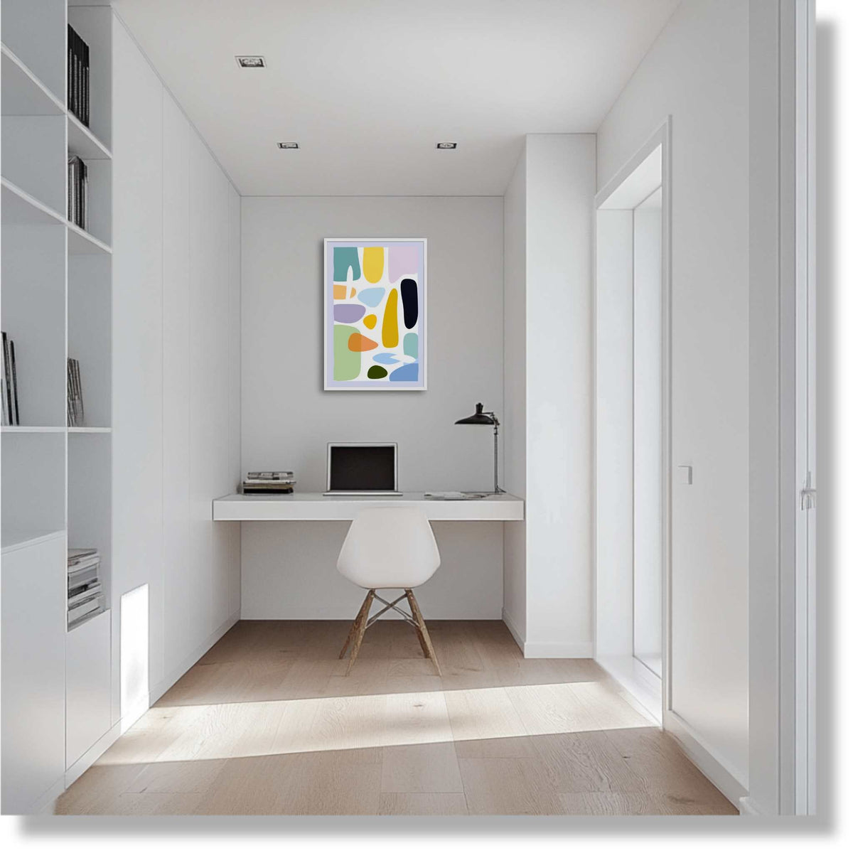 Mid century modern wall art with soft organic shapes in mint green, lavender, butter yellow, peach and terracotta on cream backdrop, styled in a minimalist white home office with built-in desk and white Eames chair, HUES by Carpina Designs