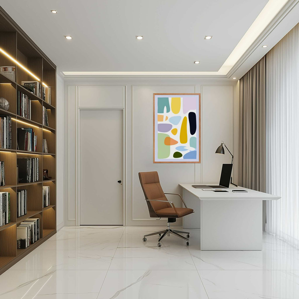 Mid century modern wall art with soft organic shapes in mint green, lavender, butter yellow, peach and terracotta on cream backdrop, styled in a minimalist white home office with built-in desk and white Eames chair, HUES by Carpina Designs
