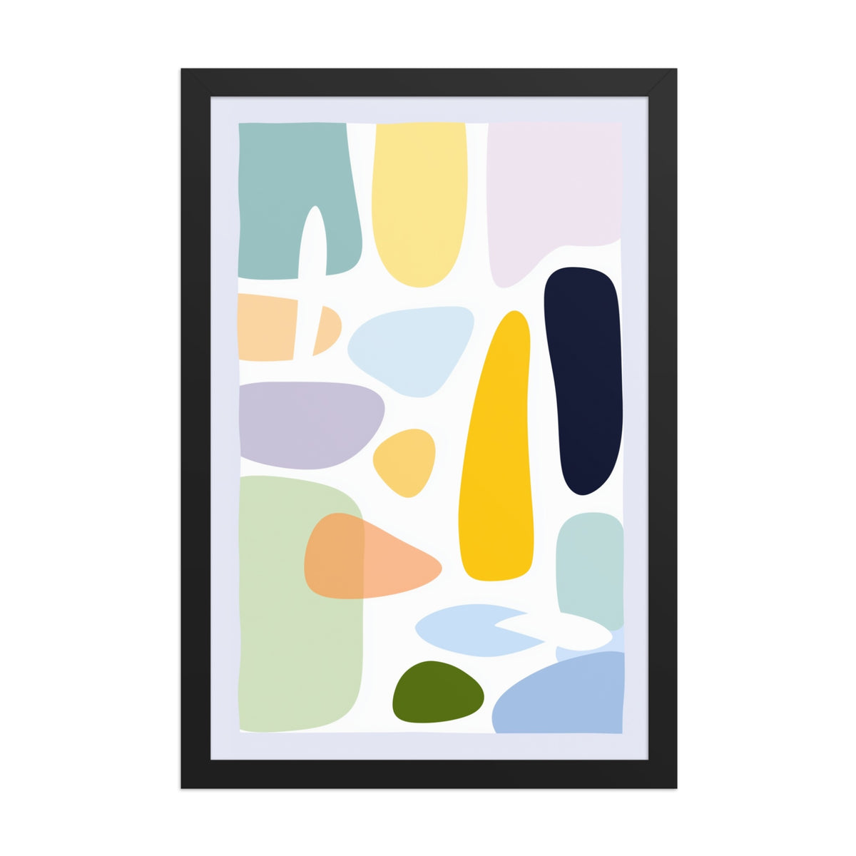 Mid century modern wall art with soft organic shapes in mint green, lavender, butter yellow, peach and terracotta on cream backdrop, displayed as a 12 by 18 inch black framed poster, HUES by Carpina Designs