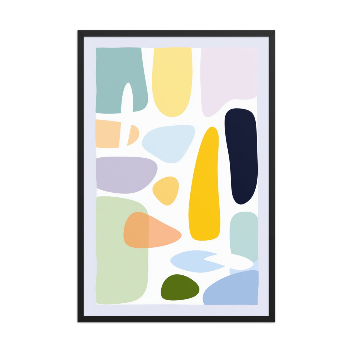 Mid century modern wall art with soft organic shapes in mint green, lavender, butter yellow, peach and terracotta on cream backdrop, displayed as a 24 by 36 inch black framed poster, HUES by Carpina Designs