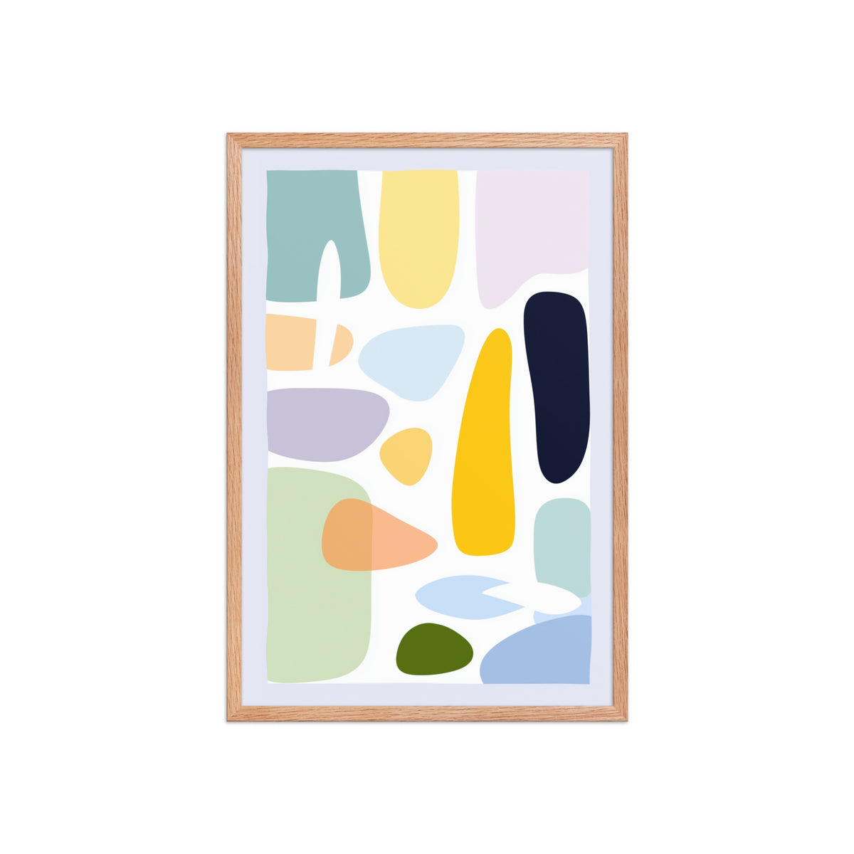 Mid century modern wall art with soft organic shapes in mint green, lavender, butter yellow, peach and terracotta on cream backdrop, displayed as a 20 by 30 inch red oak framed poster. HUES by Carpina Designs