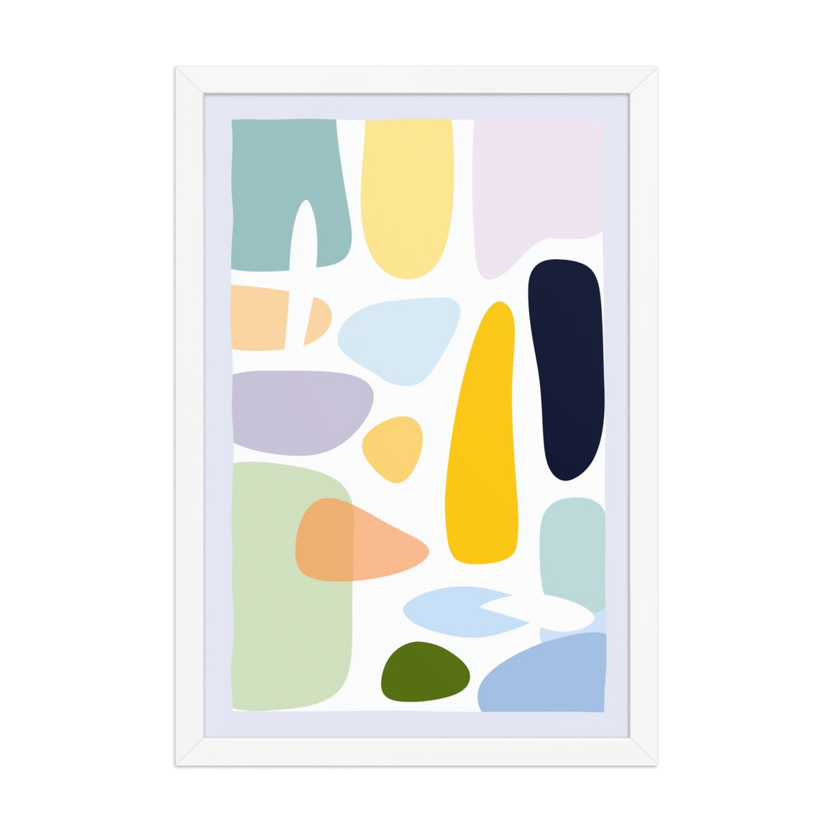 Mid century modern wall art with soft organic shapes in mint green, lavender, butter yellow, peach and terracotta on cream backdrop, displayed as a 12 by 18 inch white framed poster. HUES by Carpina Designs