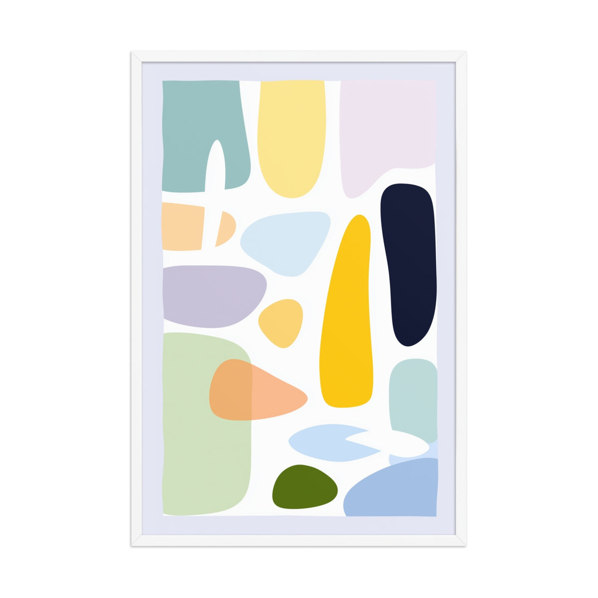 Mid century modern wall art with soft organic shapes in mint green, lavender, butter yellow, peach and terracotta on cream backdrop, displayed as a 20 by 30 inch white framed poster. HUES by Carpina Designs