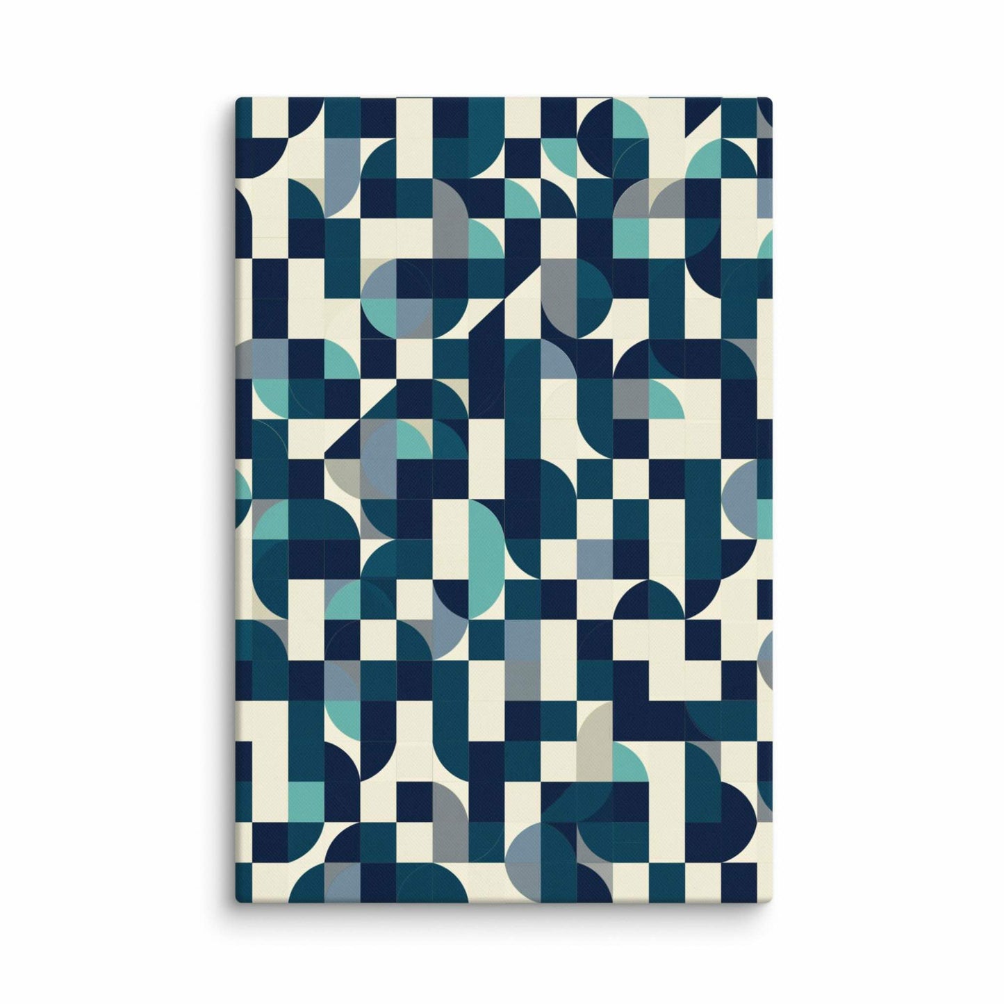 MODULO mid century modern abstract art print on 40x60 inch canvas, geometric grid of navy, teal, turquoise and cream quarter circles, front view on white background, by Carpina Designs